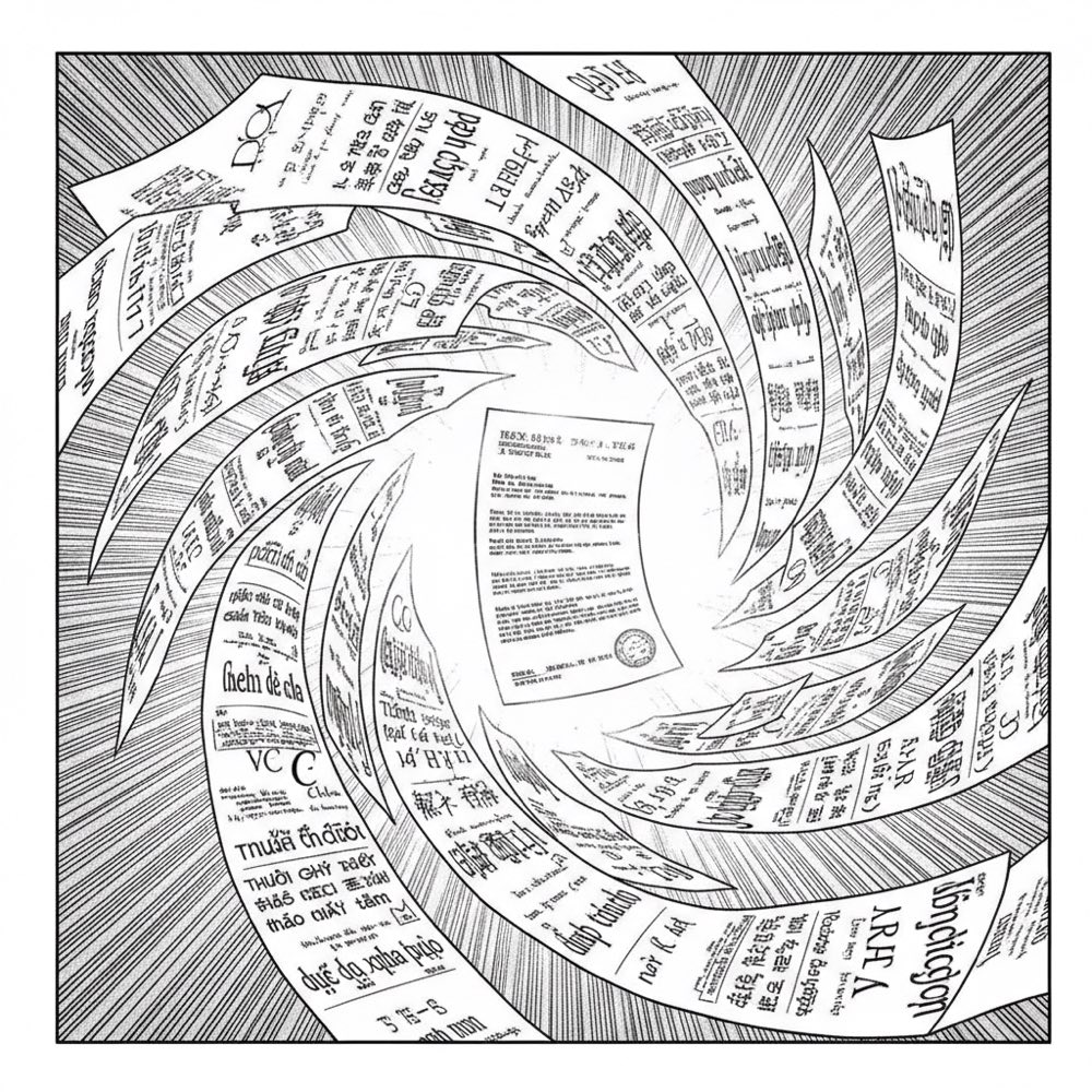 散らばる書類がひとつに集まる挿画