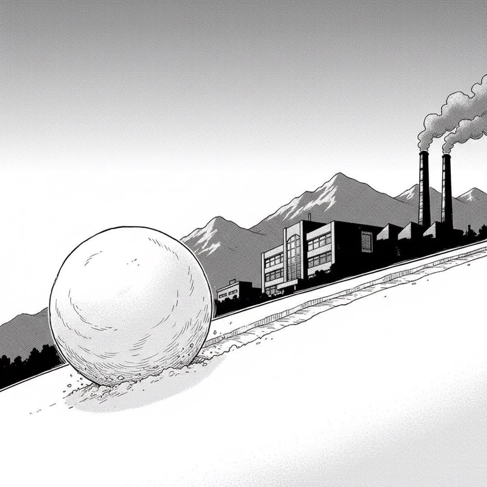雪玉が坂を転がり大きくなる挿画